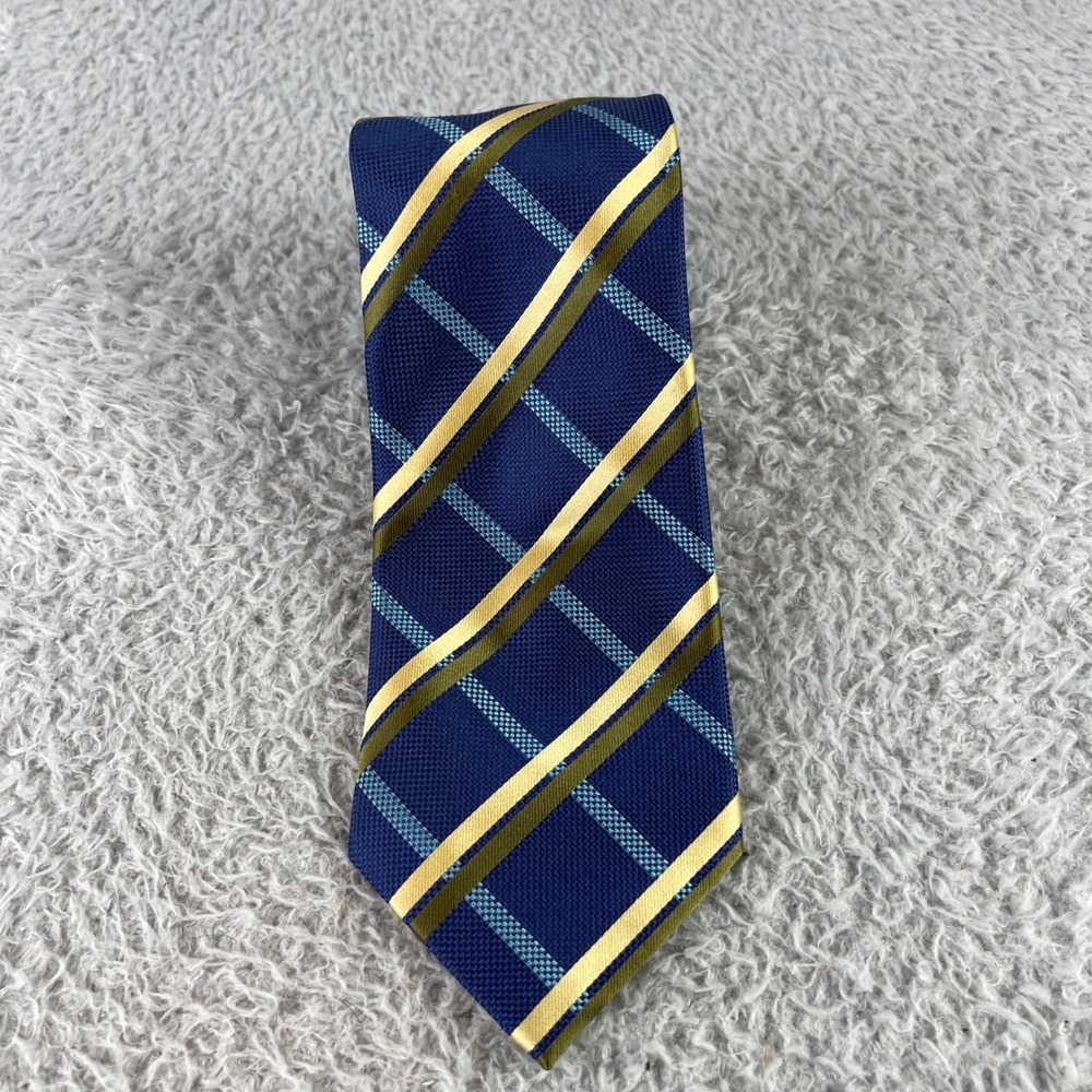 Henry Jacobson Men's Silk Tie Navy Blue Gold Green Plaid Diagonal Stripe